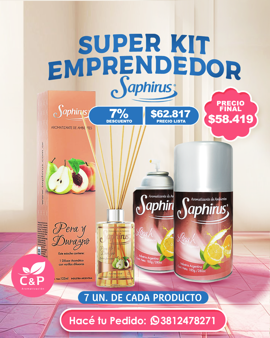7 DIFUSORES + 7 AEROSOLES SAP KIT 7 Difusores con Varillas Saphirus + 7 Aerosoles Saphirus - Imagen 1